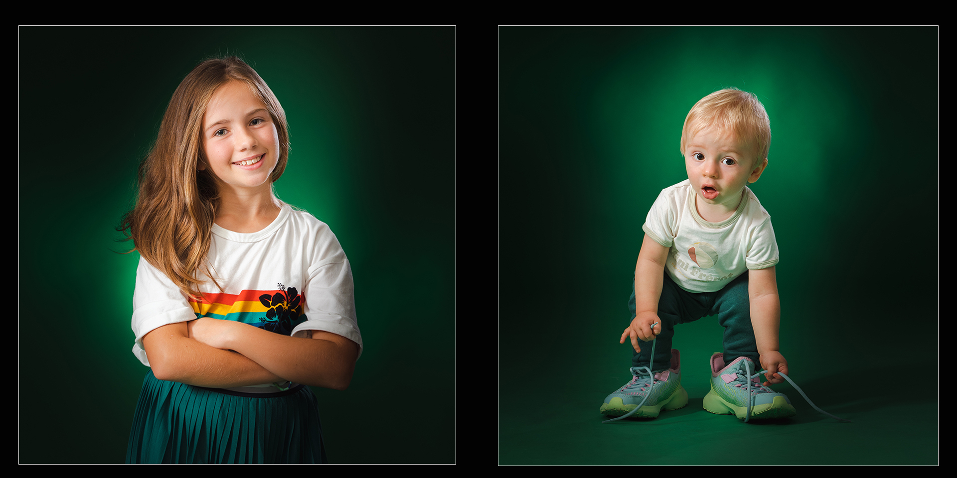 Portrait d'enfants en studio moderne sur fond coloré